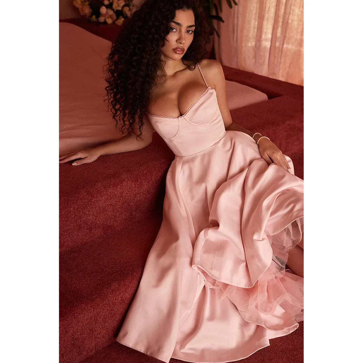 Solid Pink Spaghetti Strap Graceful Evening Gowns Midi Dress