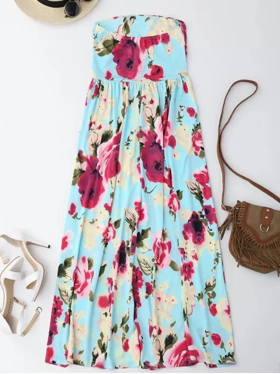 TastyHottie - Trendy Floral Print Maxi Bandeau Holiday Dress