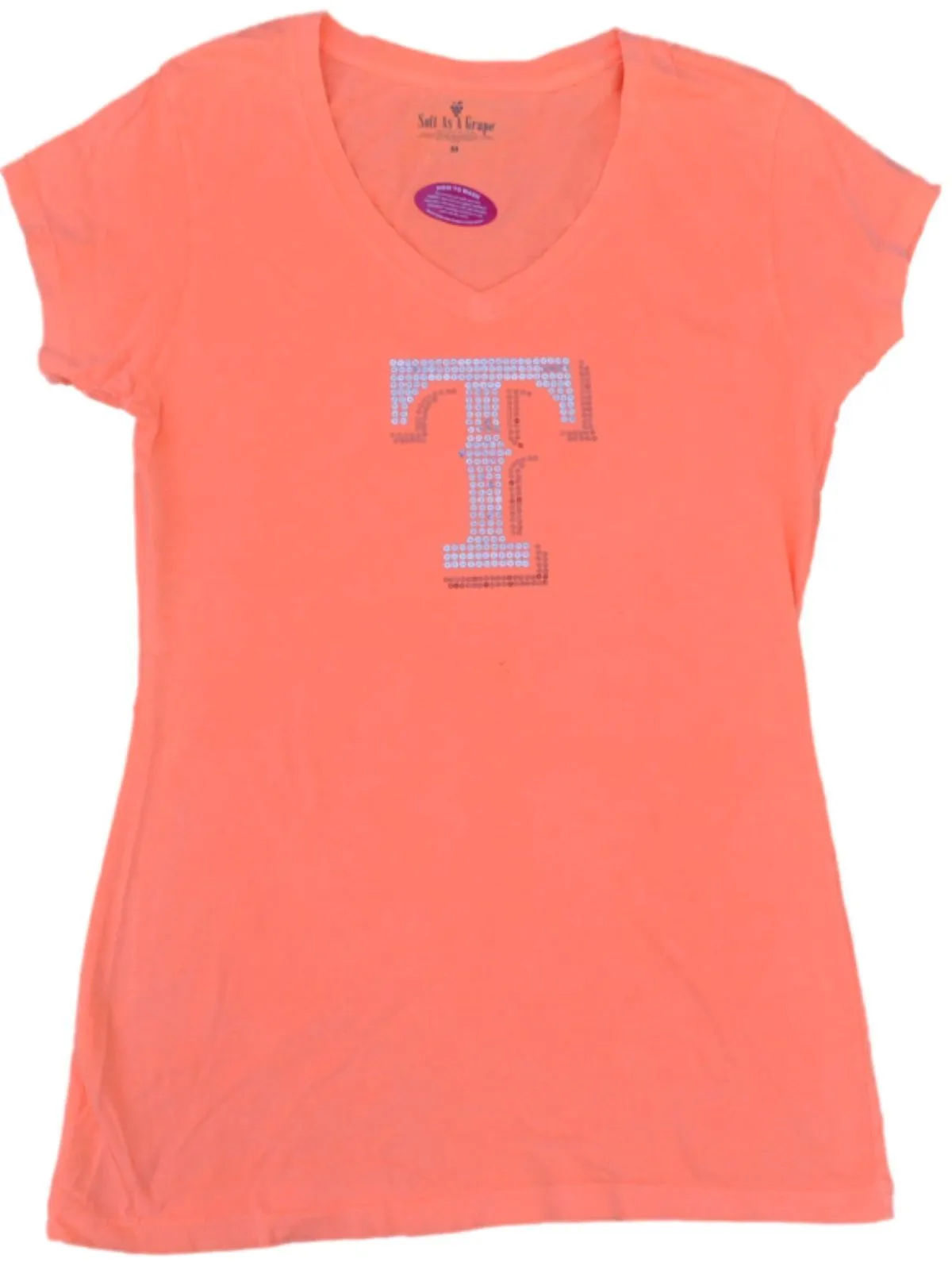 Texas Rangers SAAG Women Neon Orange Sequin "T" Soft Cotton V-Neck T-Shirt