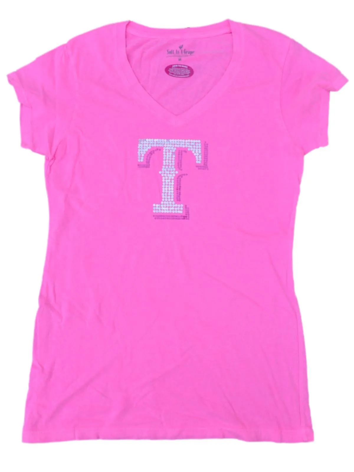 Texas Rangers SAAG Women Neon Pink Sequin "T" Soft Cotton V-Neck T-Shirt