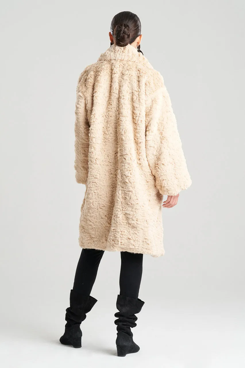 Textured Faux Fur Collared Long Coat