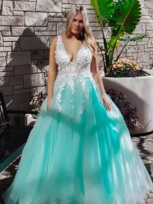 Turquoise Lace Applique Ball Gown Long Ball Gowns Quinceanera Dress