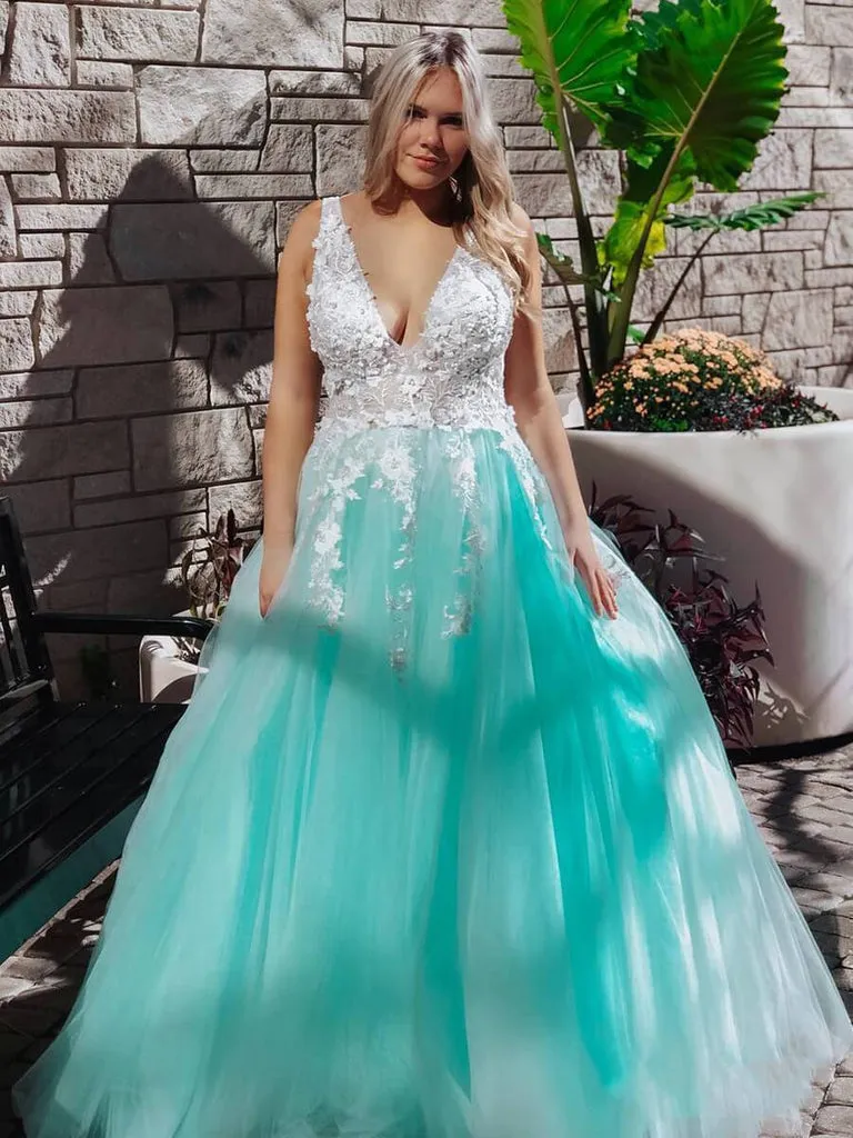 Turquoise Lace Applique Ball Gown Long Ball Gowns Quinceanera Dress