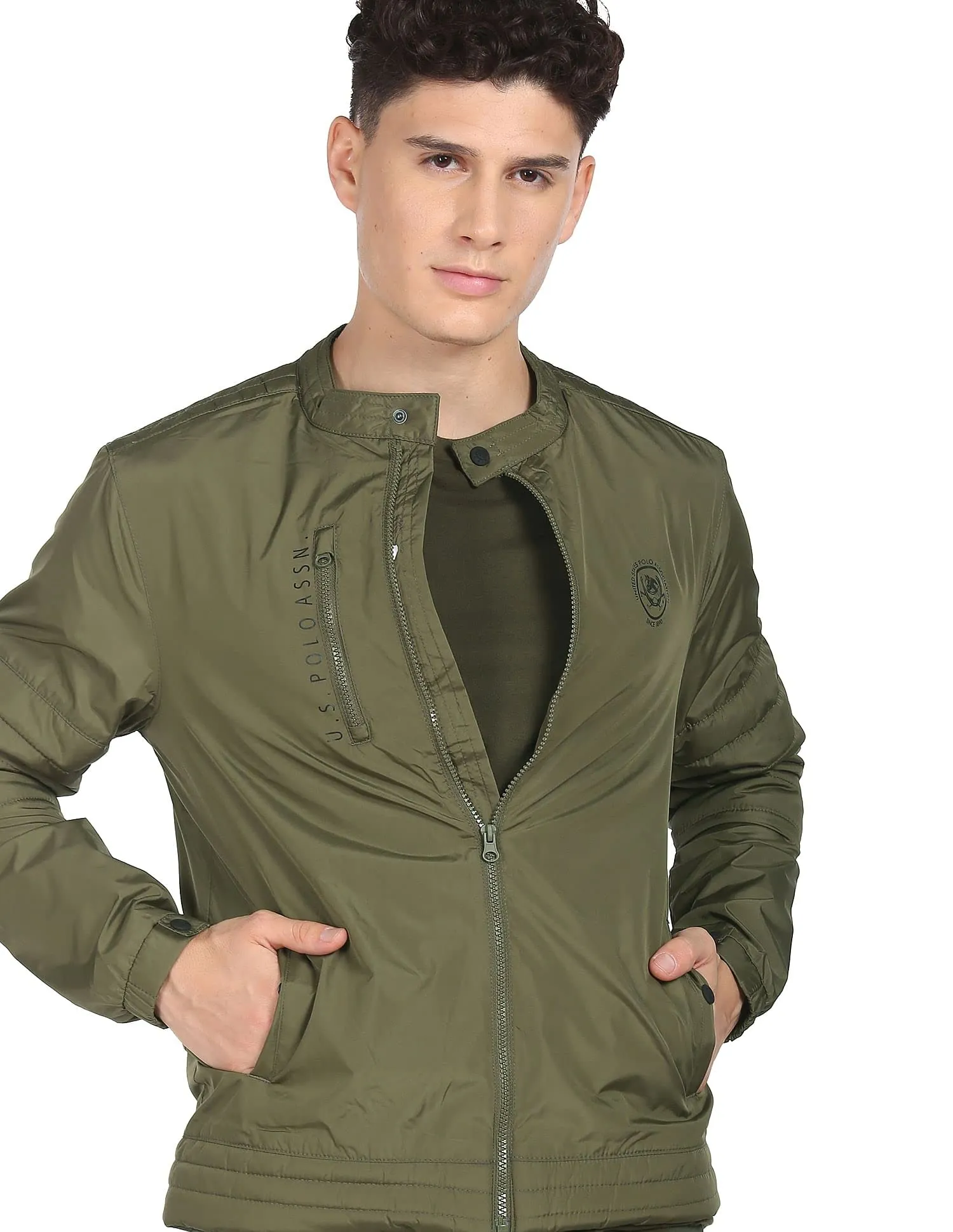 U.S. Polo Assn. Polyester Men Olive Stand Collar Solid Standard Length Jacket, M