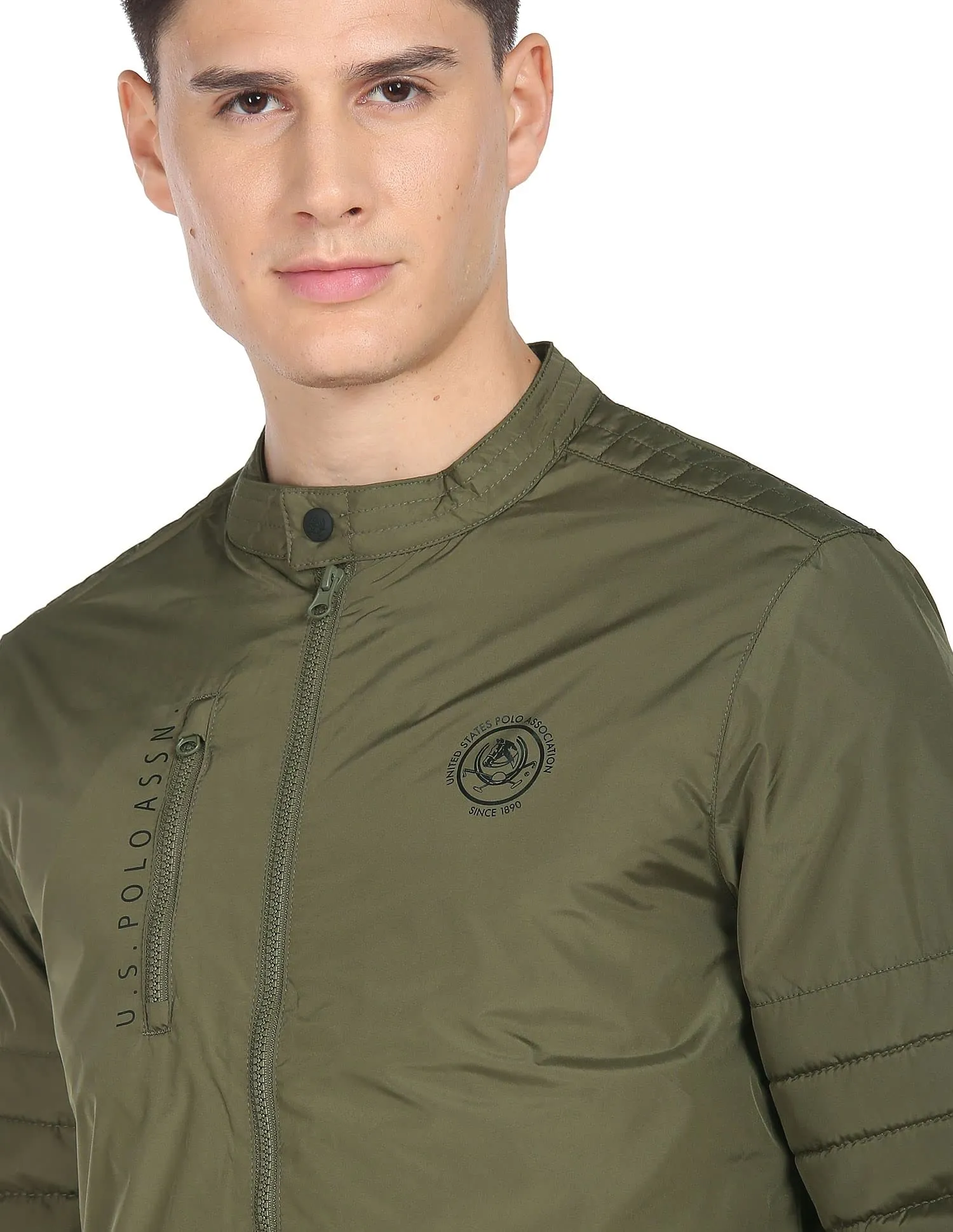 U.S. Polo Assn. Polyester Men Olive Stand Collar Solid Standard Length Jacket, M