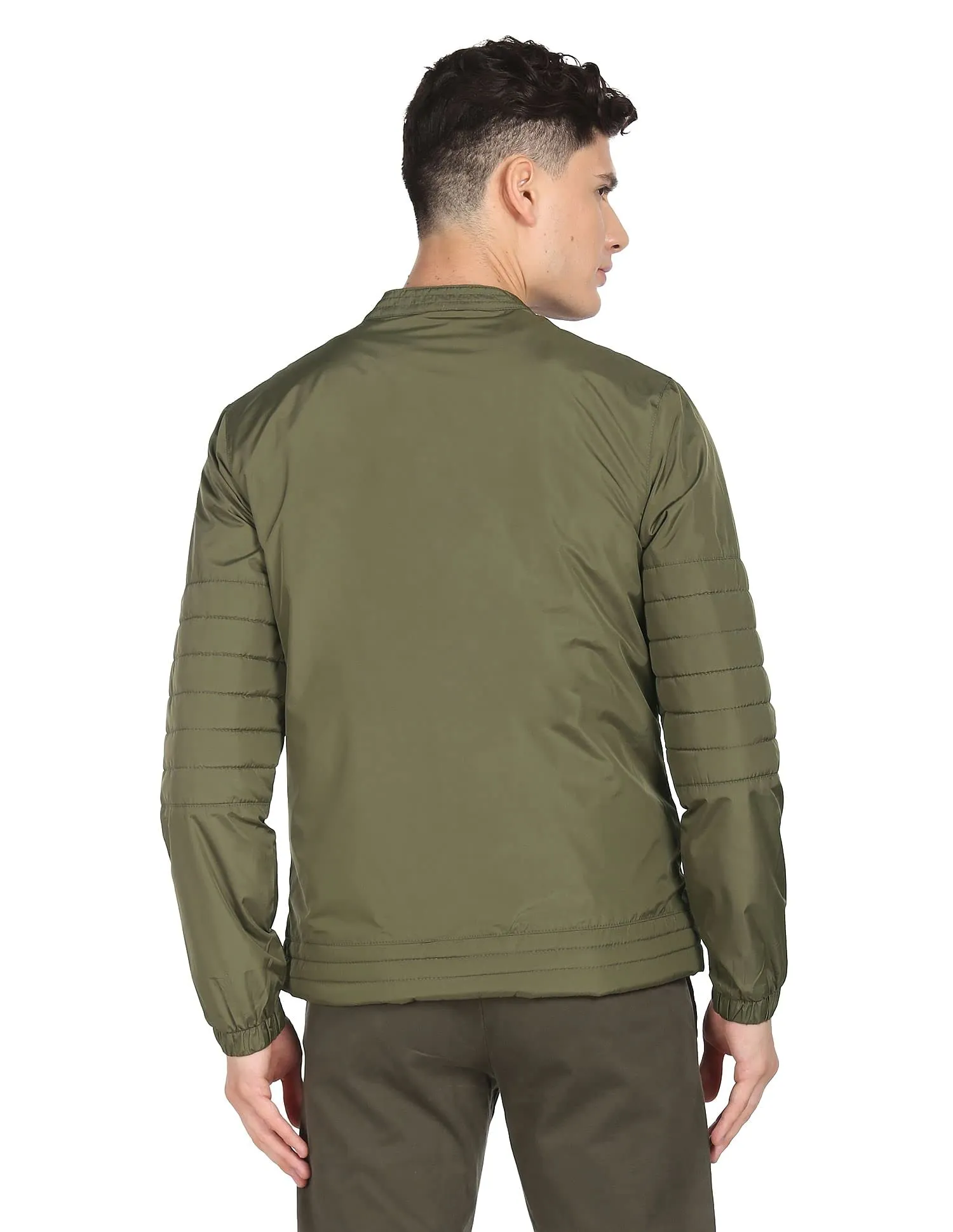 U.S. Polo Assn. Polyester Men Olive Stand Collar Solid Standard Length Jacket, M