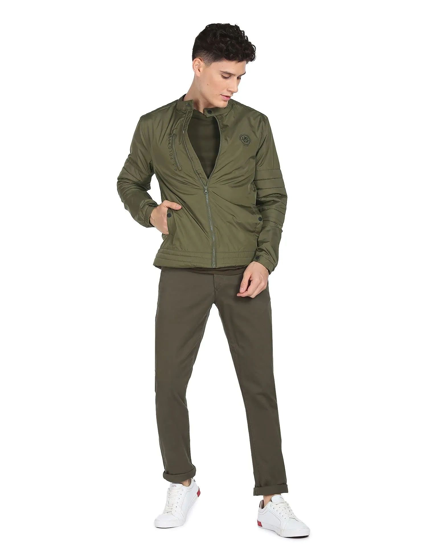 U.S. Polo Assn. Polyester Men Olive Stand Collar Solid Standard Length Jacket, M