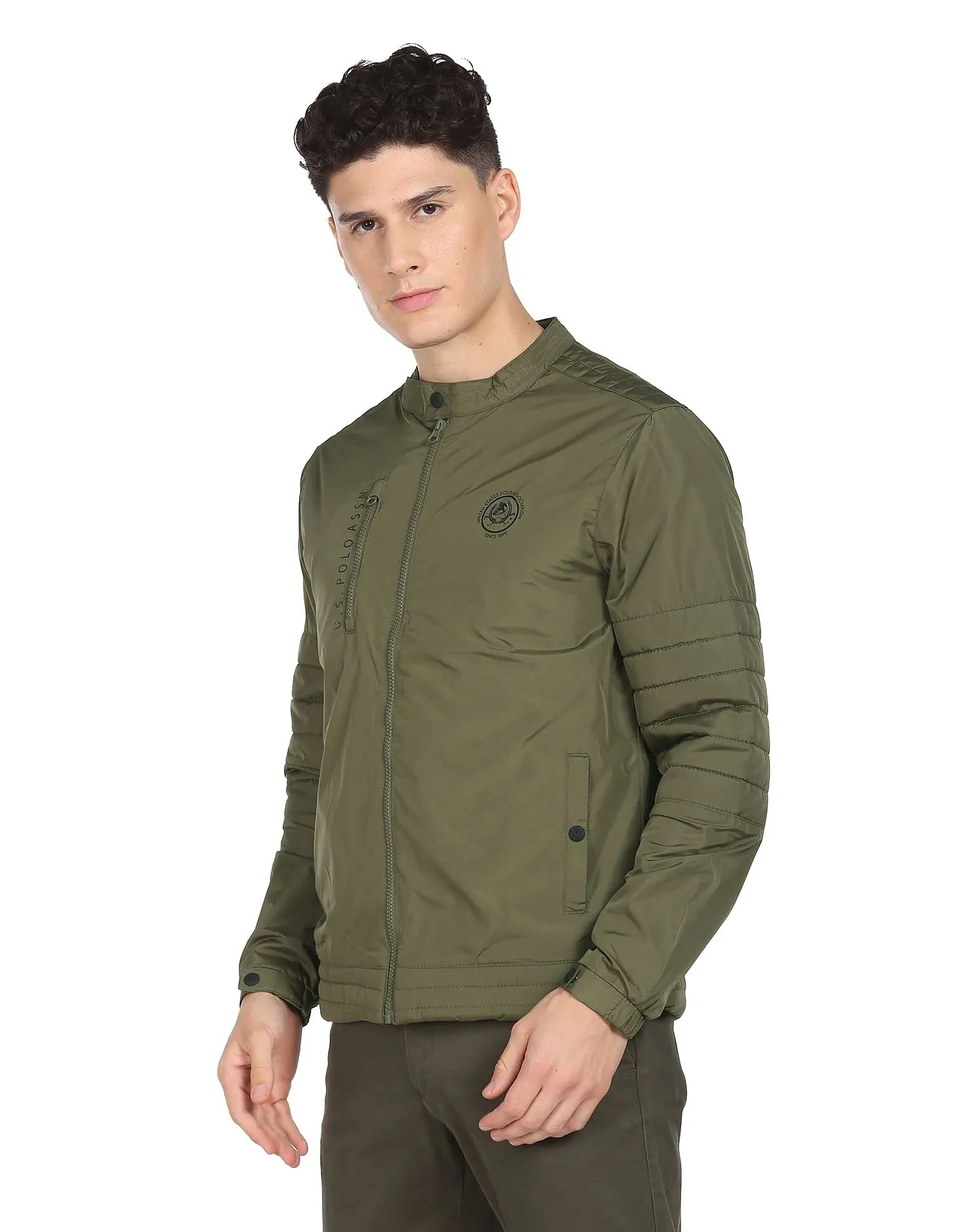 U.S. Polo Assn. Polyester Men Olive Stand Collar Solid Standard Length Jacket, M