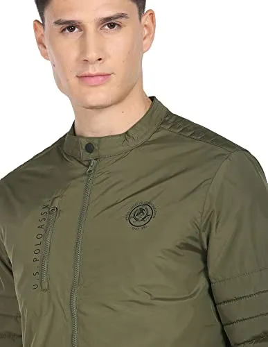 U.S. Polo Assn. Polyester Men Olive Stand Collar Solid Standard Length Jacket, M