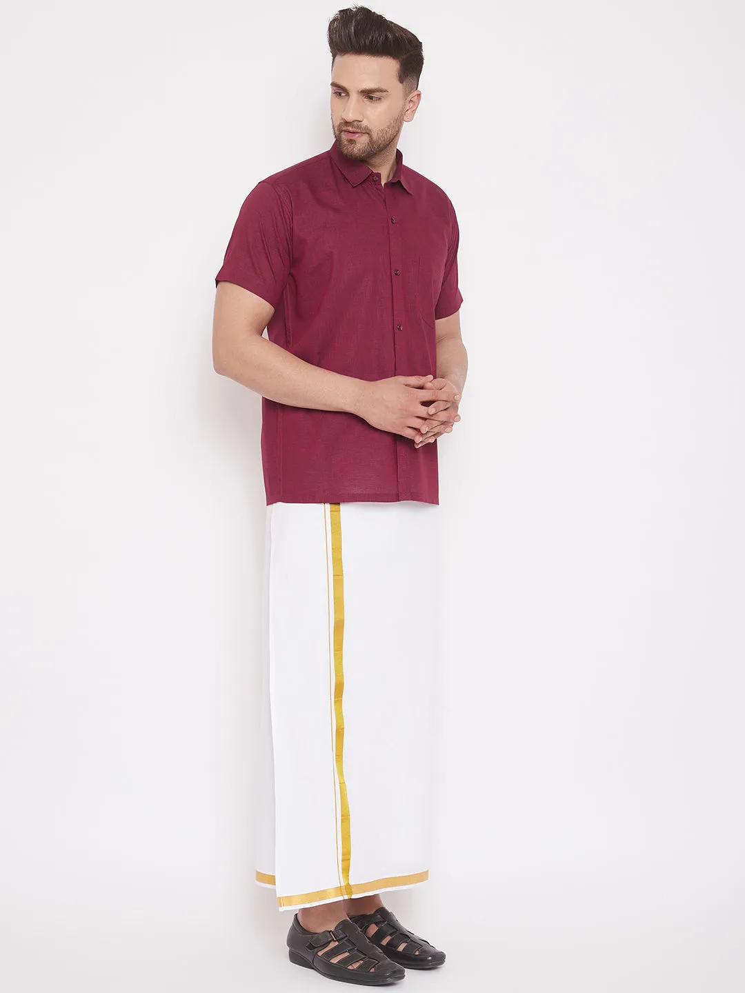 VASTRAMAY Men's & Boys Maroon Solid Cotton Blend Half Sleeve Ethnic Shirt And Mundu Set