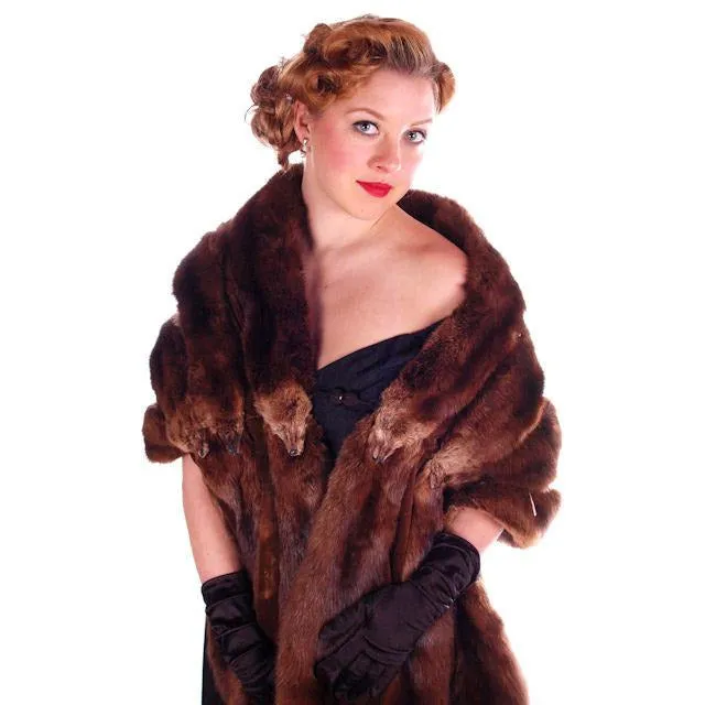 Vintage Fur Stole Wrap Natural Ranch Mink Movie Star Quality 1950S Dark Brown 14 Skin