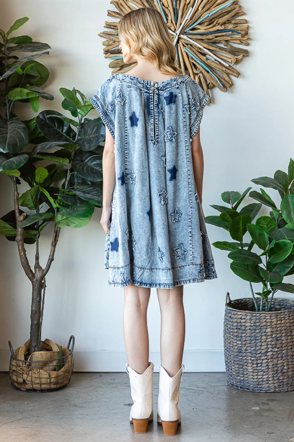 Washed Denim Star Patch Tunic Dress