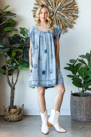 Washed Denim Star Patch Tunic Dress