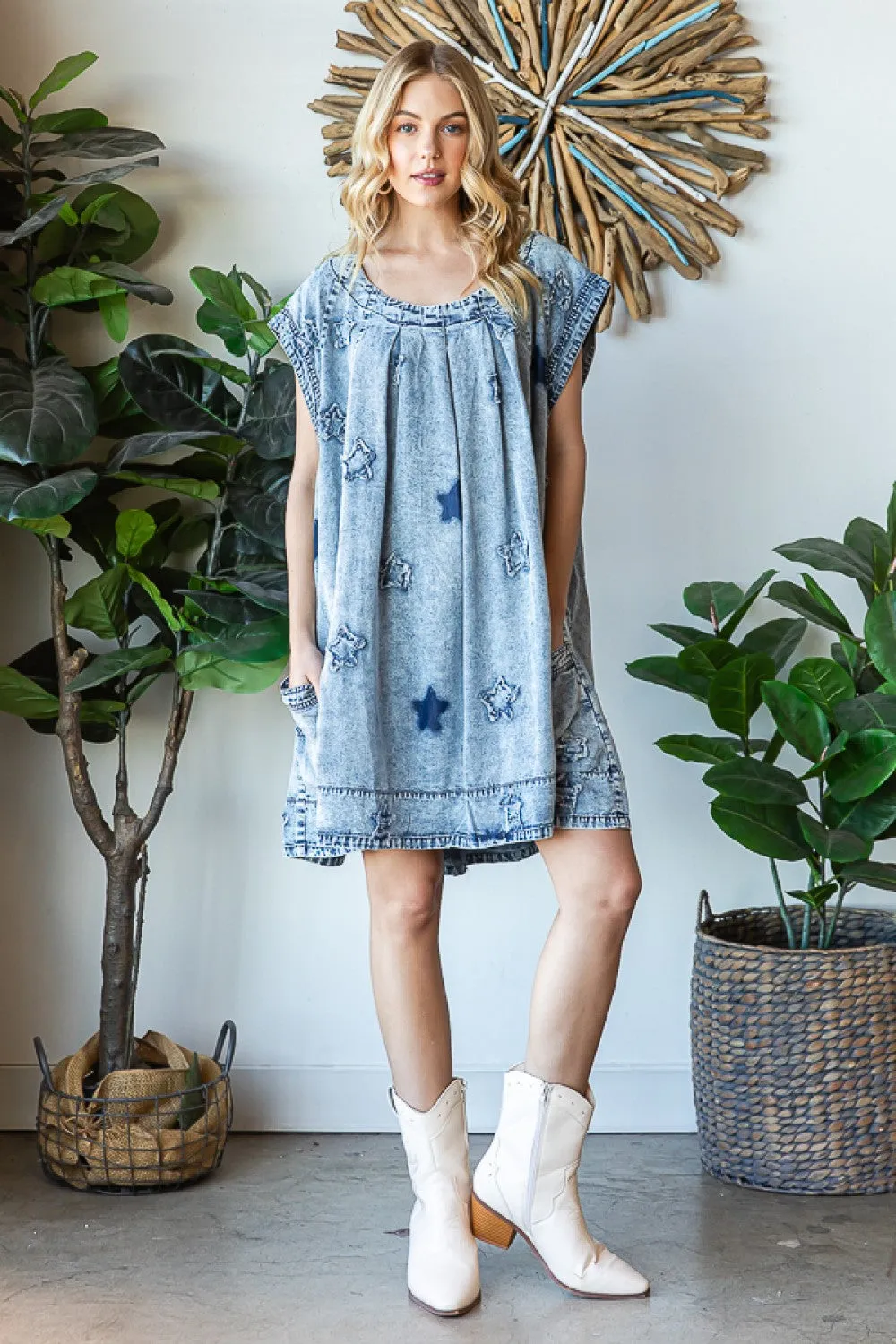 Washed Denim Star Patch Tunic Dress