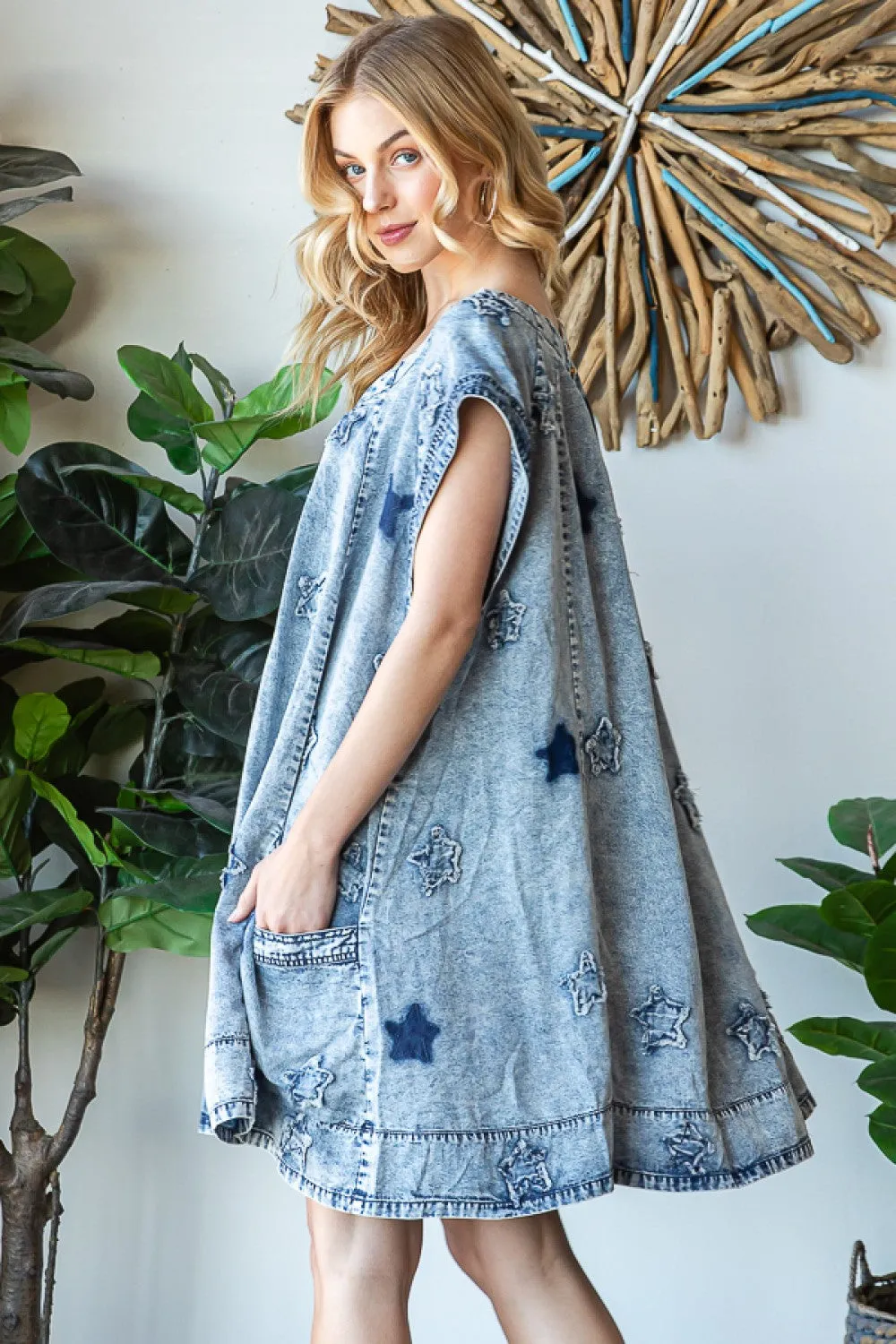 Washed Denim Star Patch Tunic Dress