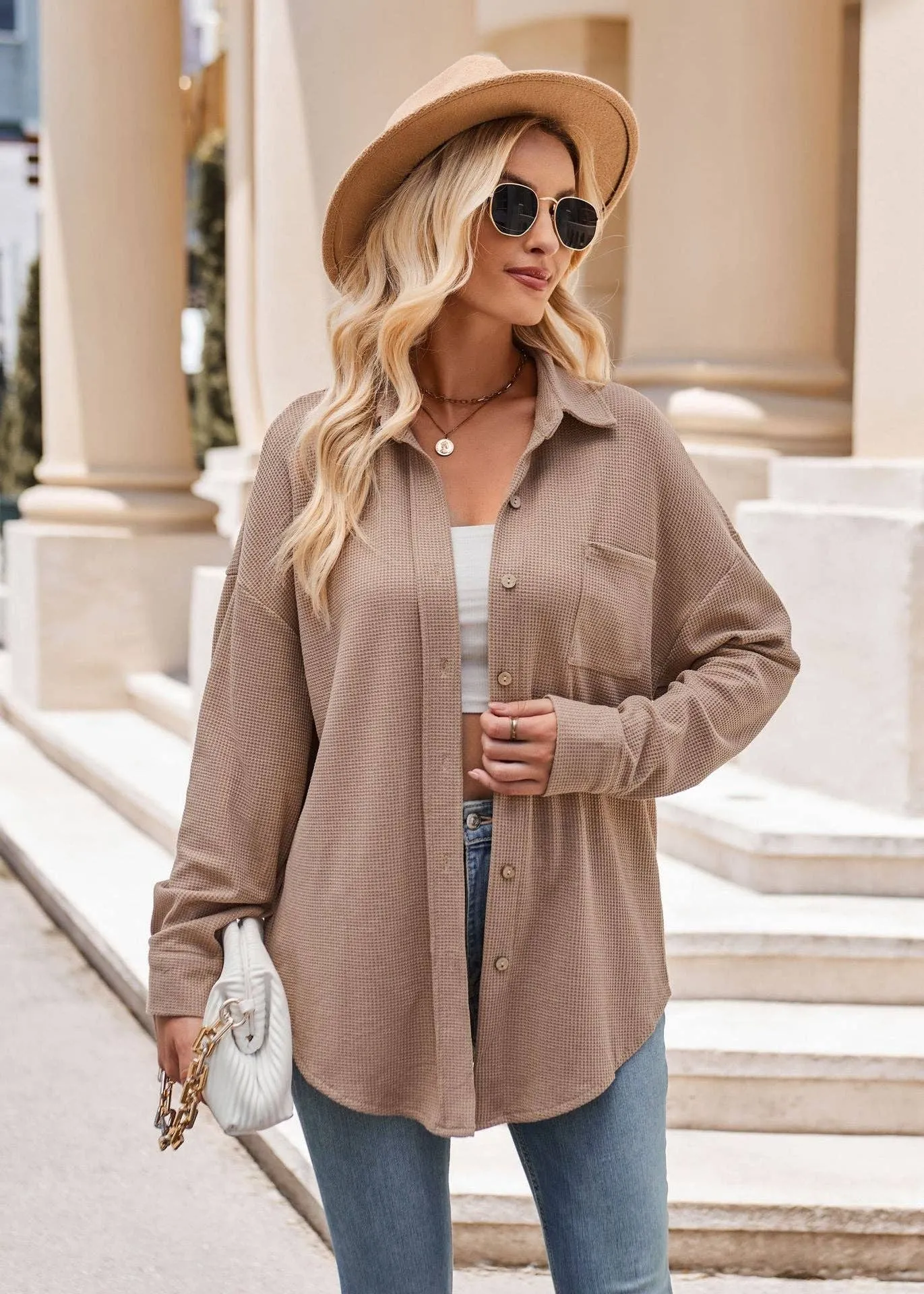 Women's Casual Loose Pocket Waffle Knit  Shirt Jacket