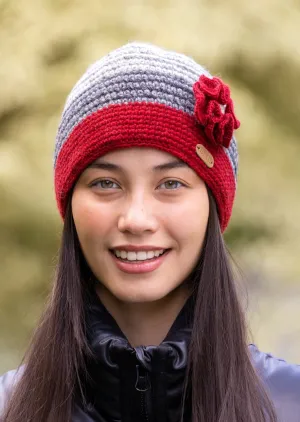 Women's Crochet Flower Cap | Red Grey