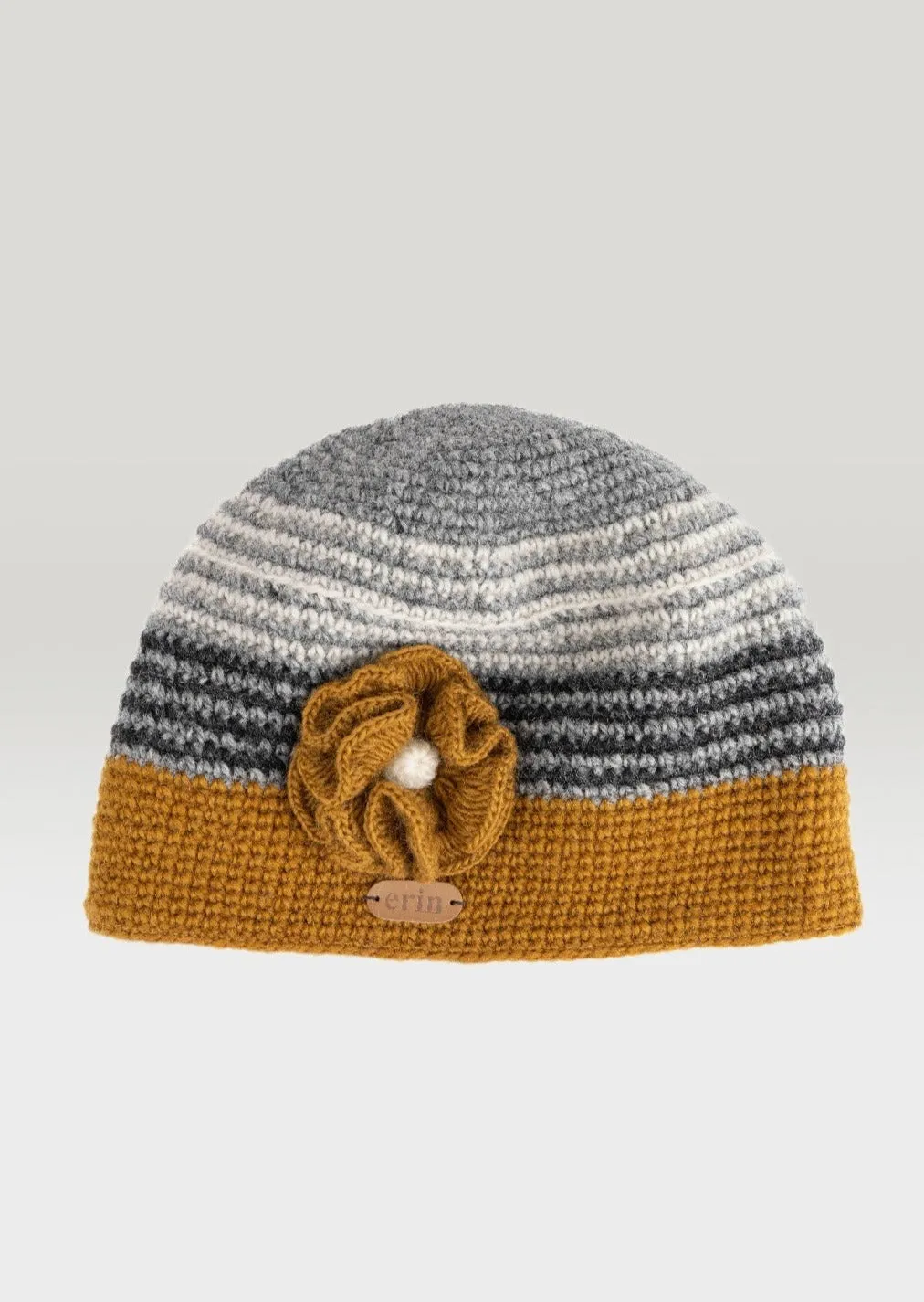 Women's Crochet Flower Cap | Yellow Grey