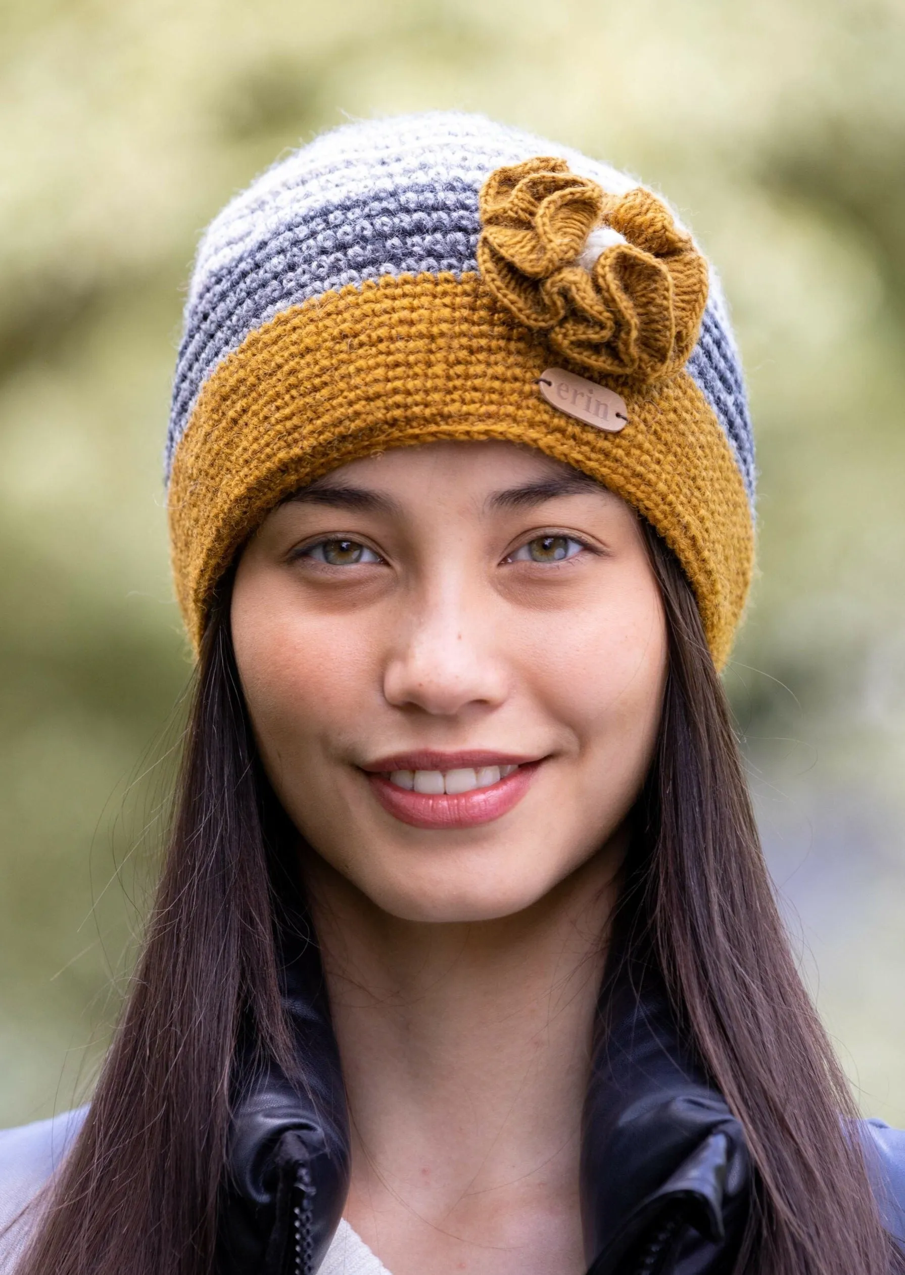 Women's Crochet Flower Cap | Yellow Grey